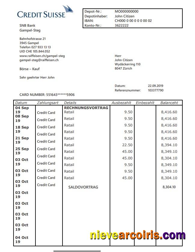 Switzerland Credit Suisse bank proof of address statement in Word and PDF format (.doc and .pdf)